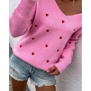 NEW MISS SPARKLING v- neck embroidered sweater in pink heart